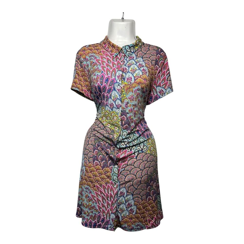 MSK Multicolor Shirt Dress Large Paisley Button Up Short Sleeve Boho Retro Party